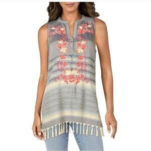 Aratta Sleeveless Embroidered Boho Tassel Tunic Top Gray Floral – Size Medium